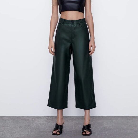 Zara Pants - Zara Faux Leather Culotte Pant Wide Leg Dark Green High Waist Flare Crop S Y2K